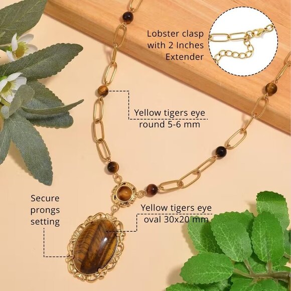 Women's Yellow Tigers Eye Necklace in ION Plated YG Stainless Steel - Picture 3 of 3